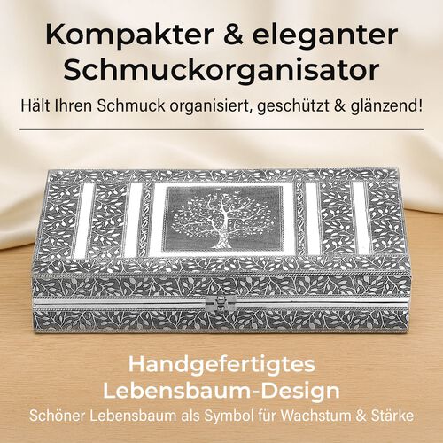Handgefertigte, oxidierte Schmuckschatulle mit Lebensbaum-Prägung, 38x20x7,6 cm, Silber image number 1