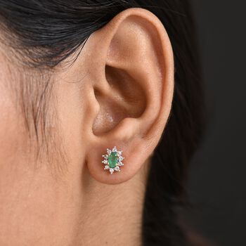 AA Kagem Sambischer Smaragd, Wei&szlig;er Zirkon Ohrringe 925 Silber 750 Gelb Vergoldet ca. 0.87 ct