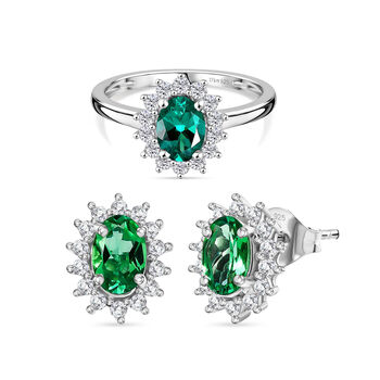 LUXURIANT AAA Labor kolumbianischer Smaragd und Moissanit Ring und Ohrringe