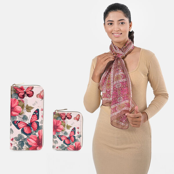 Schmetterlingsmuster-Geldbörsen-Set und bedruckter Schal aus 100% Seide image number 0