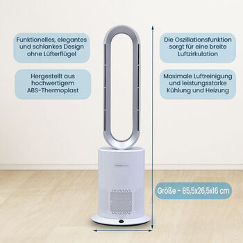 5 in 1 Luftdoktor - Luftreiniger/Ventilator ohne L&uuml;fterfl&uuml;gel mit HEPA Filter, Wei&szlig; und Silber