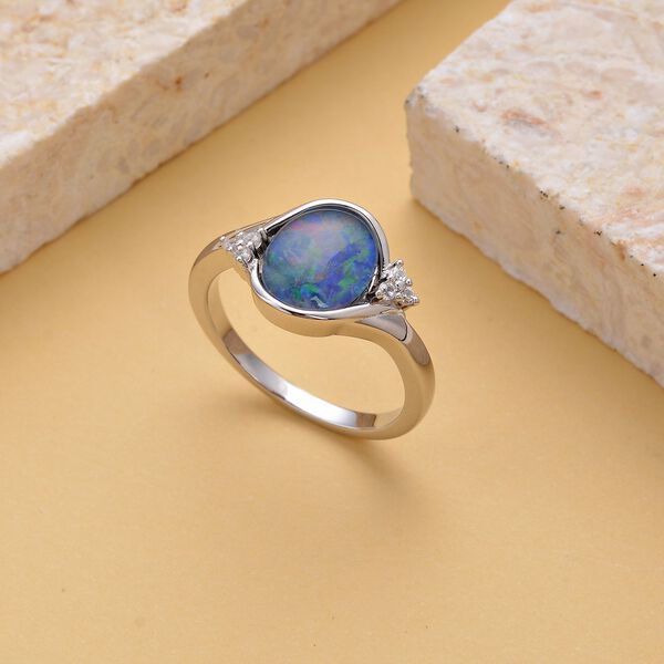 Boulder Opal Triplett und Zirkon-Bypass-Ring, 925 Silber rhodiniert, 2,22 ct. image number 2