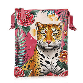 VIVID by SUKRITI Handbemalte Umhängetasche aus echtem Leder, Rosa, 15,75x19,80cm, Leopard-Muster