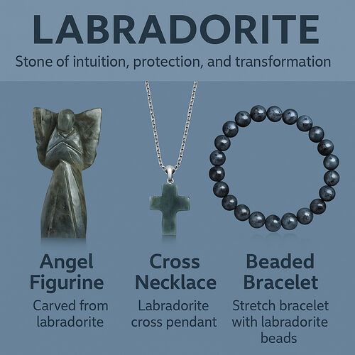 3er-Set aus Labradorit: Schutzengel (7.6 cm), Armband mit 8 mm Perlen und Kreuzanhänger (2.5 cm), handgefertigt, Grün-Schimmernd image number 1