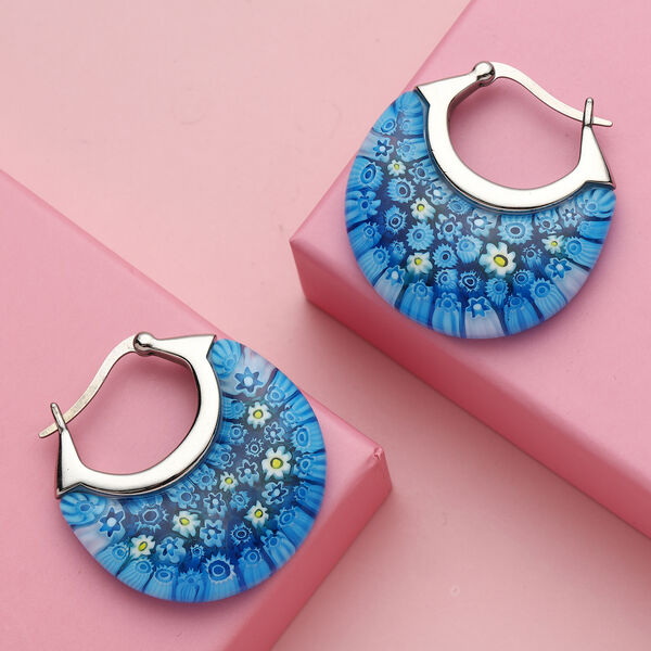 Murano Stil, blaue Glas-Creolen, Edelstahl image number 2