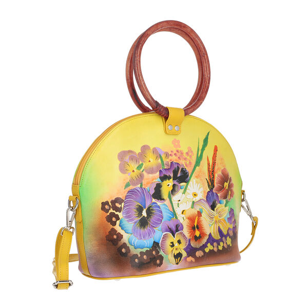 SUKRITI, Handbemalte 100% Leder Tasche mit Maulbeerseiden Schal, Blumenmuster, Senfgelb image number 4