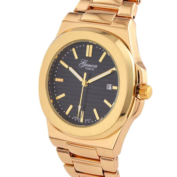 Genoa Time V2 -  Japanisches PC32 Uhrwerk, Datumsanzeige, PNP-Gold-Geh&auml;use, schwarzes Zifferblatt mit Hydraulik-Design, Edelstahlarmband image number 3