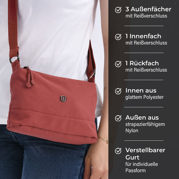 Nylon Crossbody Tasche mit Reißverschlussfächern, verstellbarem Schulterriemen, Rot image number 3