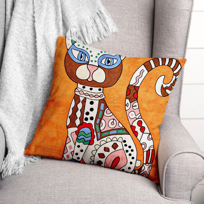 Vollständig besticktes Kissenbezug in 100% Baumwolle, 43x43 cm, Single Katze, Orange image number 0