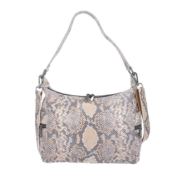 Hobo-Tasche aus 100% echtem Leder, Schlangenhautmuster, Beige