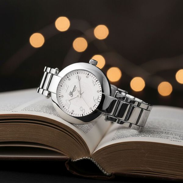 GENOA TIME V2 Uhr mit Japanischem Miyota 2035 Werk, Zifferblatt Silber mit Hydraulik-Design und Wei&szlig;en Kristallen, Edelstahlarmband Silberfarben, 3 ATM wasserdicht image number 2