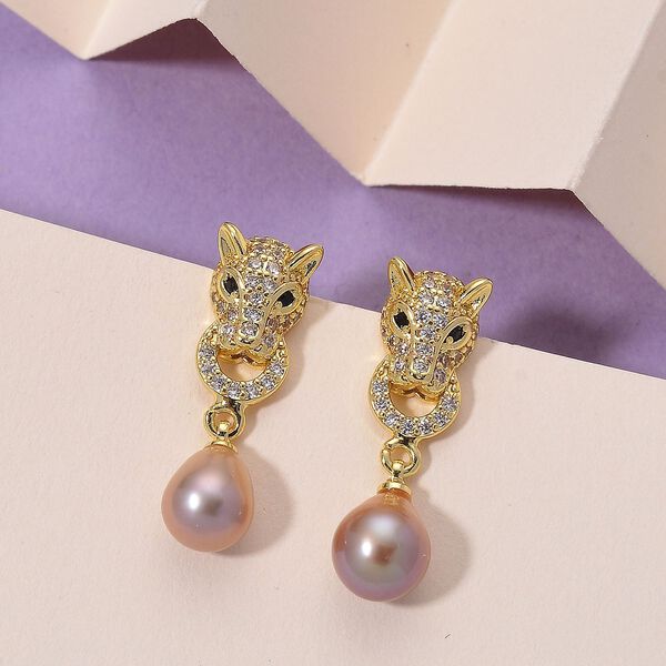 Lila Süßwasser Perle, Zirkonia Ohrringe, Nickelfreies Messing goldfarben image number 2