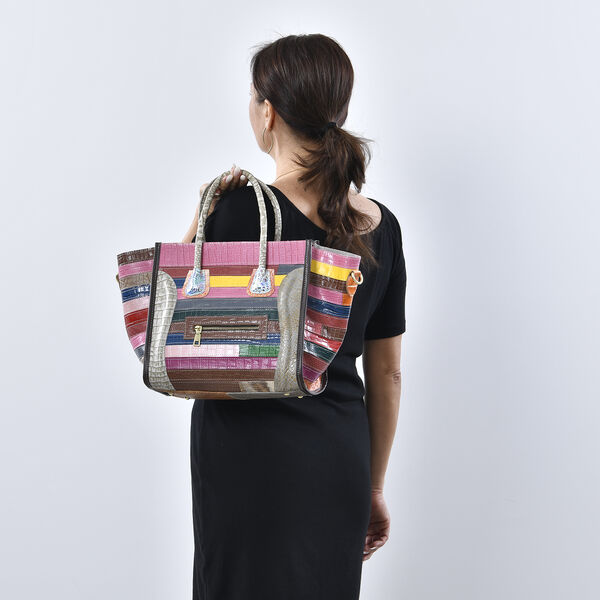 CHAOS BY ELSIE - Schultertasche aus 100% echtem Leder mit RFID Schutz und abnehmbarem Riemen, Krokodil Muster, Gr&ouml;&szlig;e 28x18x30 cm, Taupe image number 3