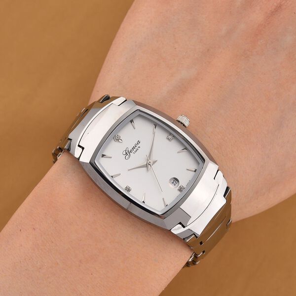 GENOA - Weißer Kristall Armbanduhr mit Datumsanzeige, Wolframstahlgehäuse, Reiner Edeslstahl, Silber image number 1
