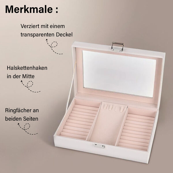 Schmuckorganizer aus Kunstleder mit Glasdeckel, 30x20x8,5cm, Beige image number 3