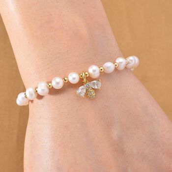 Wei&szlig;e S&uuml;&szlig;wasser Perle, Zirkonia Armband ca. 18cm + 5cm Extender, Nickelfreies Messing gelb vergoldet