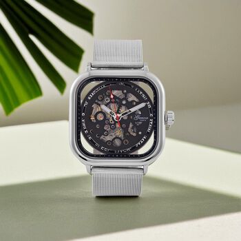 GENOA TIME V2 42mm Automatische Mechanikuhr - Schwarzes hohles Zifferblatt, Geh&auml;use aus Legierung mit IPS-Beschichtung, Edelstahl-Mesh-Armband,  3 ATM wasserdicht, Reiner Edelstahl 8.5 cm