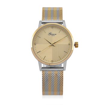 GENOA TIME - V2 Automatik Armbanduhr, Geh&auml;use 316 Edelstahl Sonnenschein Zifferblatt mit wei&szlig;em Diamant Edelstahl Mesharmband, bicolor