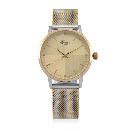 GENOA TIME - V2 Automatik Armbanduhr, Geh&auml;use 316 Edelstahl Sonnenschein Zifferblatt mit wei&szlig;em Diamant Edelstahl Mesharmband, bicolor