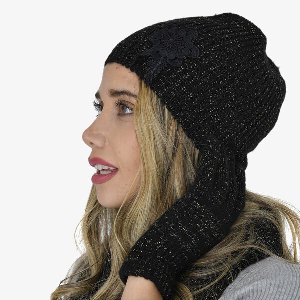 3er-Set, Strickkollektion - M&uuml;tze 21,5x15 cm, Schal 28x198 cm und Handschuhe 21x6 cm, Schwarz image number 4