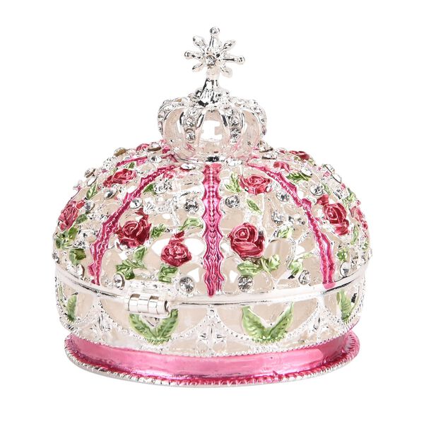 Handgemachte Kronenförmige Schmuckdose aus Metall und Kristall, mit magnetischem Verschluss, 6x6.5 cm, Rosa image number 3