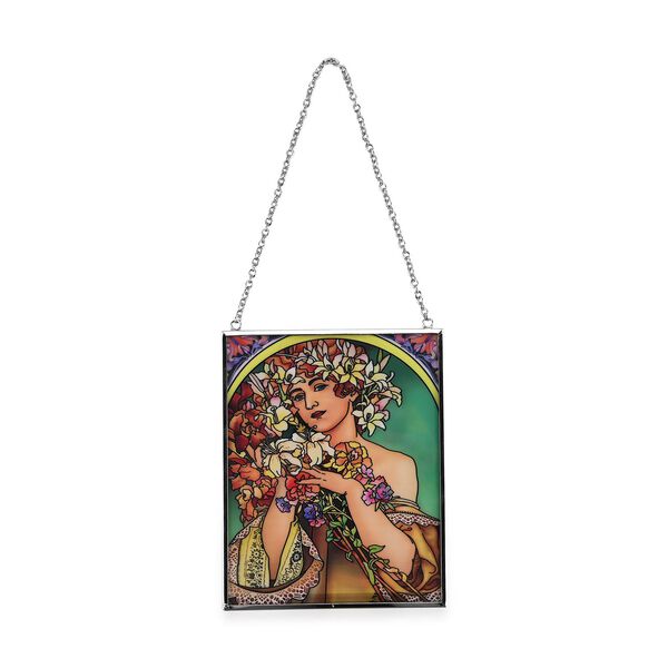 Handbemalter Glas Suncatcher mit Kette, silberfarbenem Rahmen, Alphonse Mucha Motiv Fleur, 12x15 cm image number 4