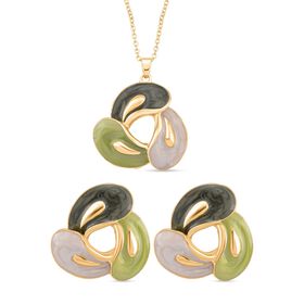 2er-Set Emaille-Anhänger mit Kette und Ohrsteckern, abstraktes Design, Grün