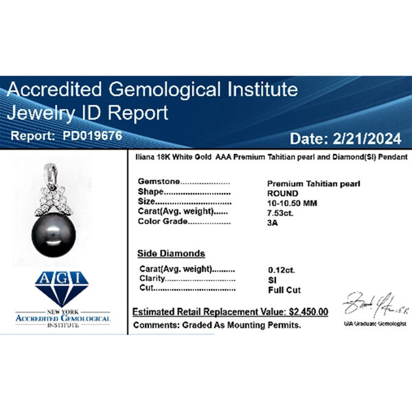 ILIANA zertifiziert und gepr&uuml;ft AAA Tahiti Perle und Diamant Anh&auml;nger in 750 Wei&szlig;gold image number 5