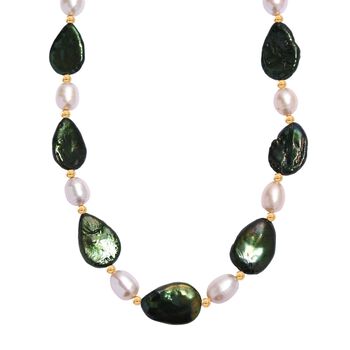 Gef&auml;rbte gr&uuml;ne Jade, Wei&szlig;e S&uuml;&szlig;wasser Perle Halskette ca. 45 cm Edelstahl vergoldet