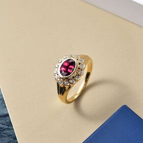 D'Joy Aura der Kaiserin Natürlicher Rhodolith Granat, Weißer Zirkon Ring 925 Silber vergoldet (Größe 17.00) ca. 1.90 ct