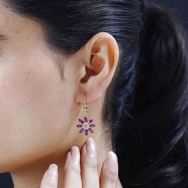 Rhodolith Granat, Wei&szlig;er Zirkon Ohrringe 925 Silber Gelbgold Vermeil ca. 3,17 ct. image number 3