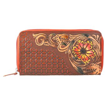 Gepr&auml;gte Lederb&ouml;rse mit RFID Schutz, florales Muster, 20x3x11cm, rot