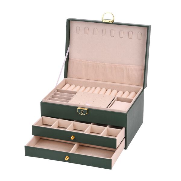 3-lagige Schmuckbox aus PU mit Diamantmuster und 5 Silberputztüchern, Grün image number 6