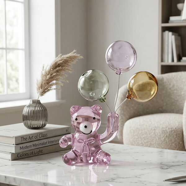 Glas Dekoration B&auml;r mit Ballon, 5x3x9cm, Rosa image number 2