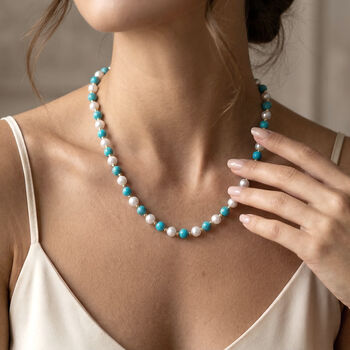 Blauer Howlit, Wei&szlig;e Muschelkernperle (7-9 mm) Halskette ca. 45 cm+ 5 cm Extender, gelb vergoldet