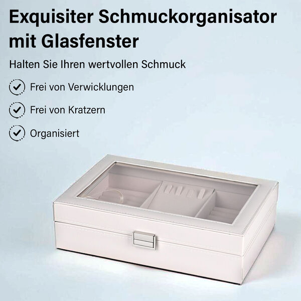 Schmuckorganizer aus Kunstleder mit Glasdeckel, 30x20x8,5cm, Beige image number 2