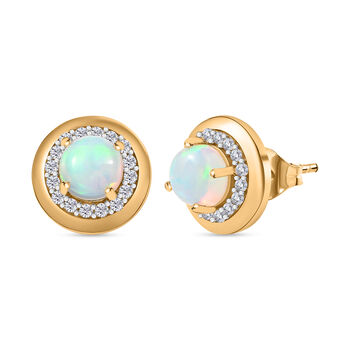 AA Nat&uuml;rlicher, &auml;thiopischer Welo Opal, Wei&szlig;er Zirkon Ohrringe 925 Silber 750 Gelb Vergoldet ca. 1.64 ct