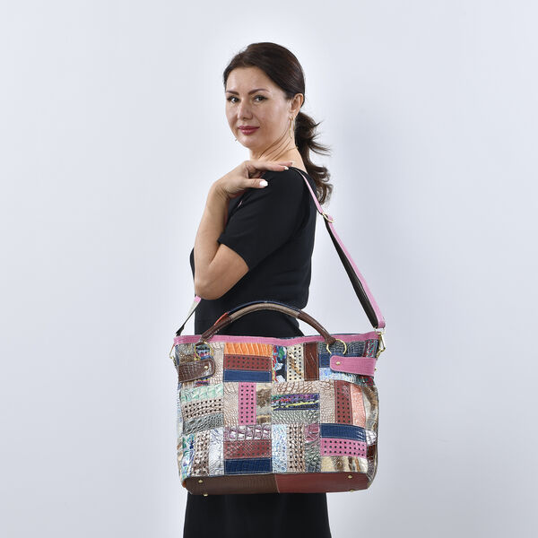 Chaos by Elsie: Patchwork Schultertasche aus 100% echtem Leder mit RFID Schutz, Gr&ouml;&szlig;e 43x15x32 cm, Rosa image number 2