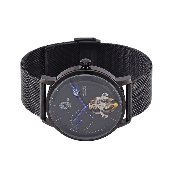 William Hunt Automatik-Uhr - IP-schwarzbeschichtetes Edelstahlgehäuse, schwarzes Multifunktionszifferblatt mit gewölbtem Glas, Edelstahl-Mesh-Armband, Glasboden, 5 ATM wasserdicht, Reiner Edelstahl image number 4
