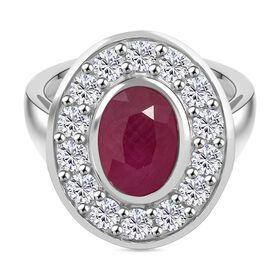 Burma-Rubin, Weißer Zirkon Ring 925 Silber rhodiniert (Größe 19.00) ca. 1.32 ct