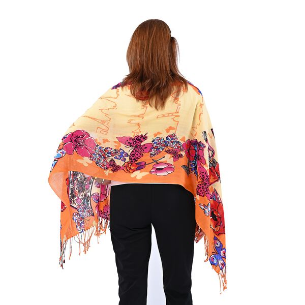 LA MAREY Damen Merino Wollschal mit Quasten, Schmetterling und Blumenmuster, Größe  67x176+9 cm, Mehrfarbig image number 2