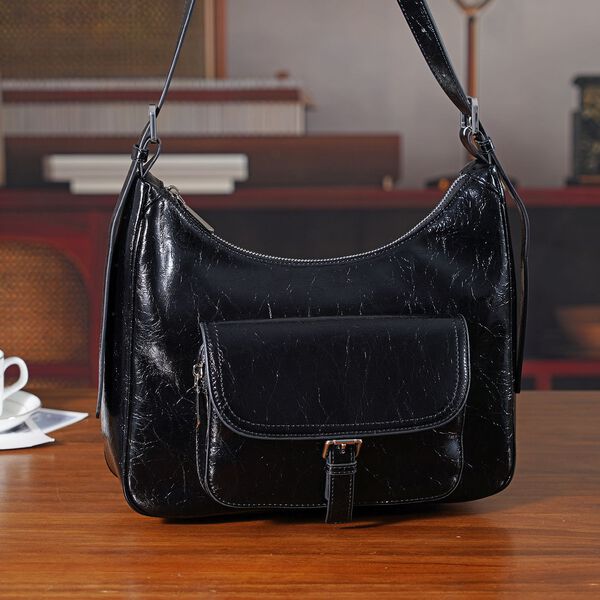 Echtleder Schultertasche mit Fronttasche, 28,5x9x25cm, Schwarz image number 1