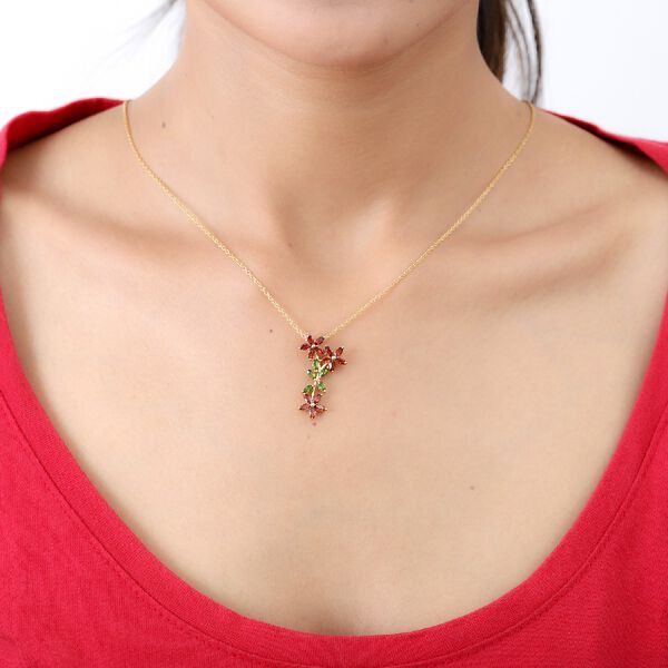 Nat&uuml;rlicher Chromdiopsid und roter Granat Blumen-Anh&auml;nger mit Kette, 45 cm, 925 Silber Ros&eacute;gold Vermeil ca. 1,78 ct image number 2