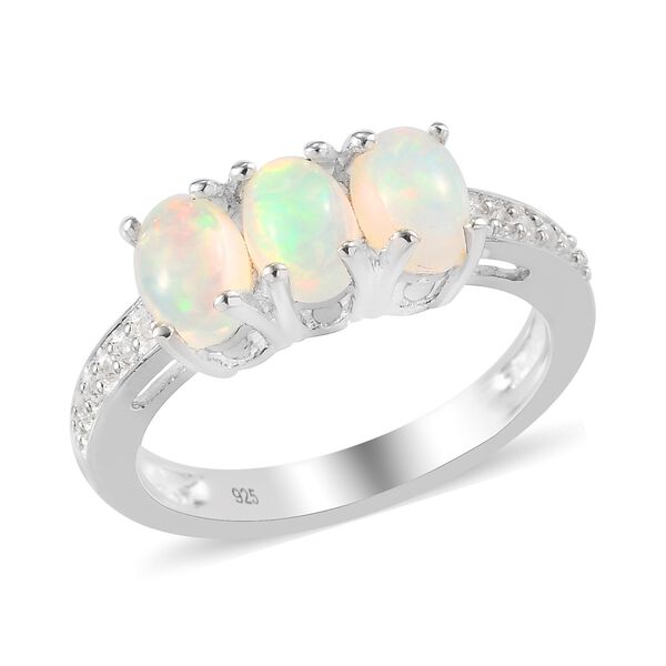 Nat&uuml;rlicher &Auml;thiopischer Opal und Zirkon 3 Stein Ring 925 Silber Platin-&Uuml;berzug image number 4