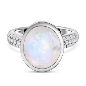 Premium Regenbogen Mondstein und weißer Zirkon-Ring, 925 Silber platiniert  ca. 4,70 ct