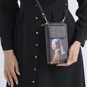 PU Handytasche mit RFID-Schutz, 20x11x2cm, M&auml;dchen mit Perlenohrring-Muster, Schwarz