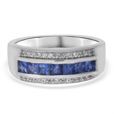 Blauer Saphir und Natürliches weißer Zirkon Ring 925 Silber Platin-Überzug