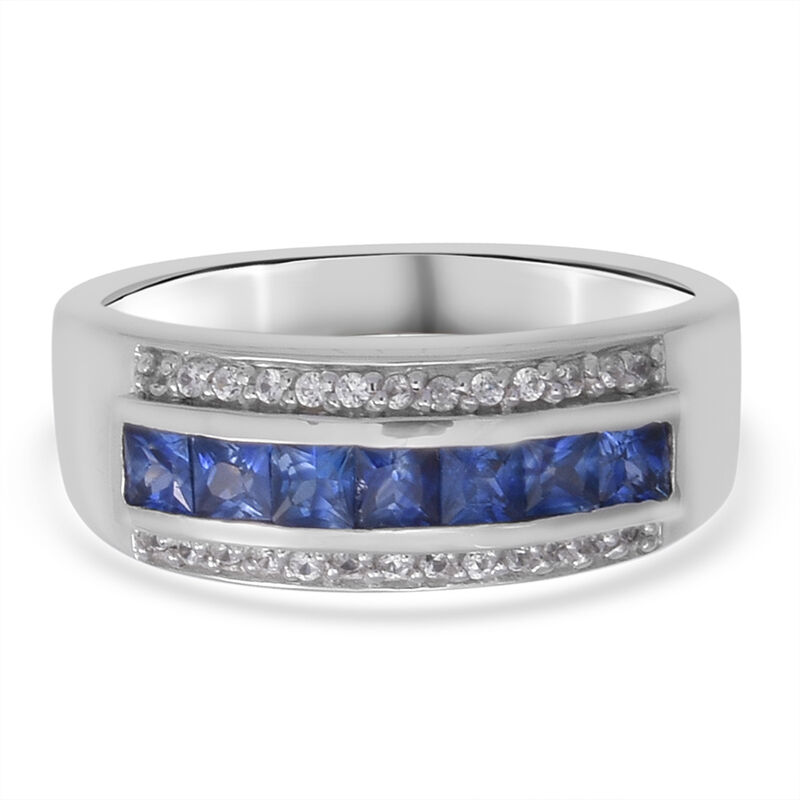 Blauer Saphir und Natürliches weißer Zirkon Ring 925 Silber Platin-Überzug image number 0