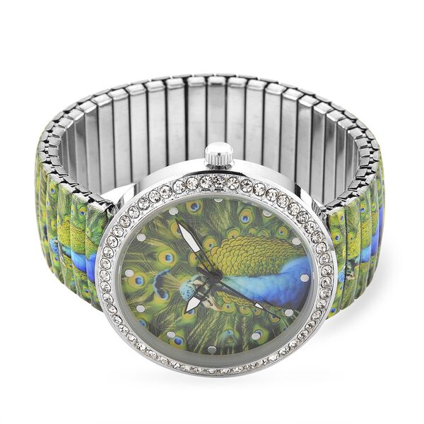 STRADA - Armbanduhr mit Pfaumotiv, Kristall-Lünette, Japanisches Uhrwerk, Edelstahlzugband, Reiner Edelstahl image number 4