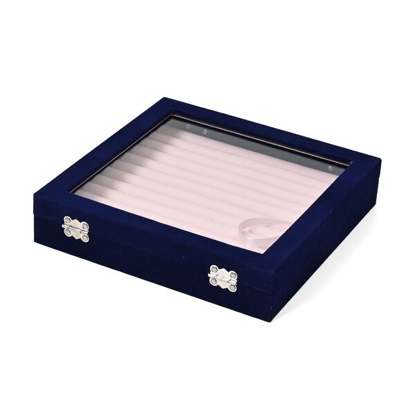 Quadratische Ringbox aus Samt mit Glasfenster und 10 Silberputztüchern, 24x24x5 cm, Dunkelblau image number 3